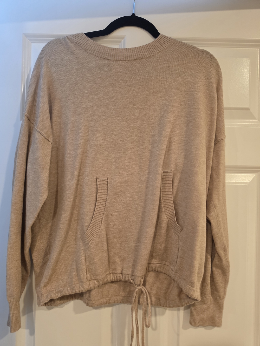 Max Studio Beige Crewneck Sweater with Drawstring Hem